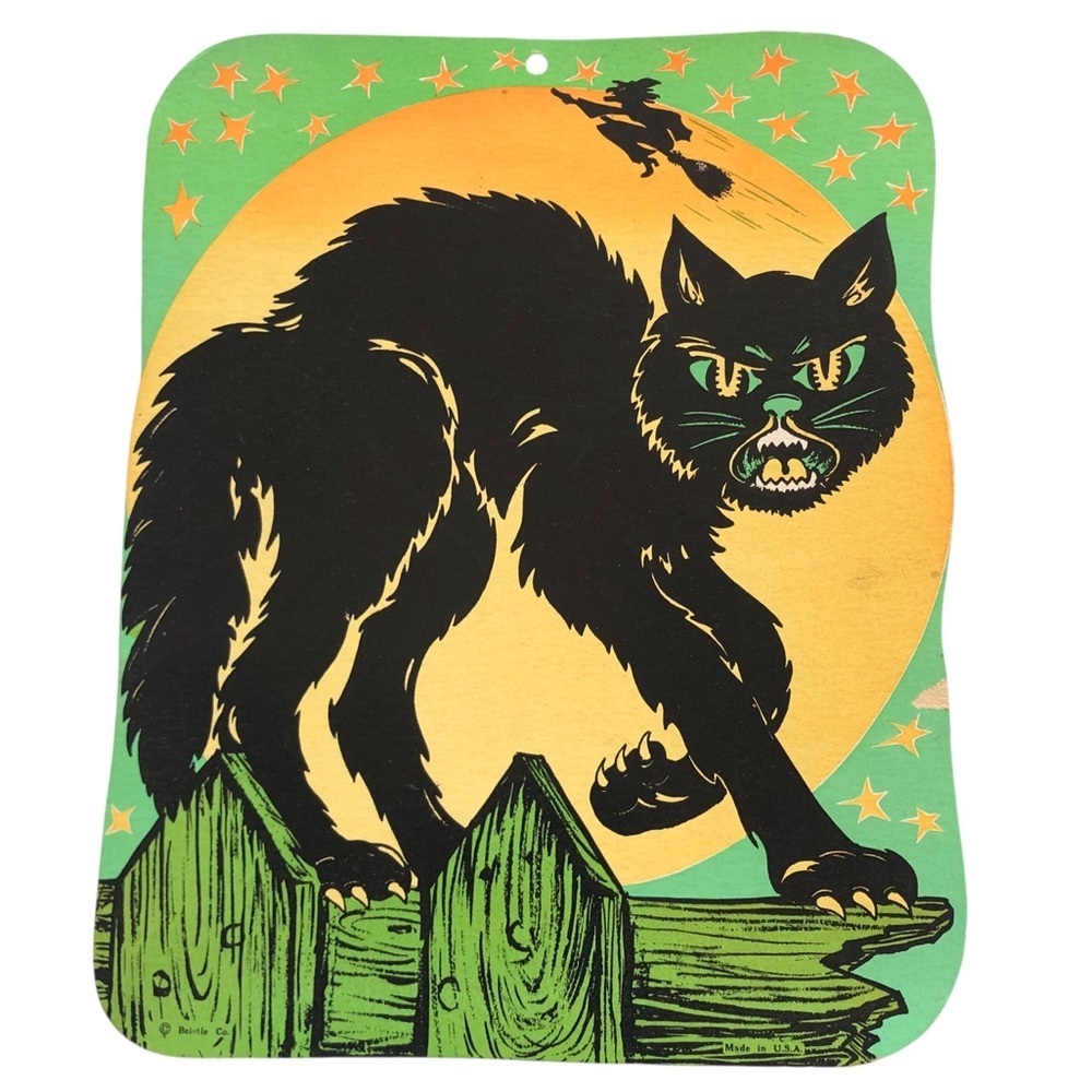 VINTAGE 70s Beistle Halloween Fluorescent Cat with Moon Die Cut Wall Decoration